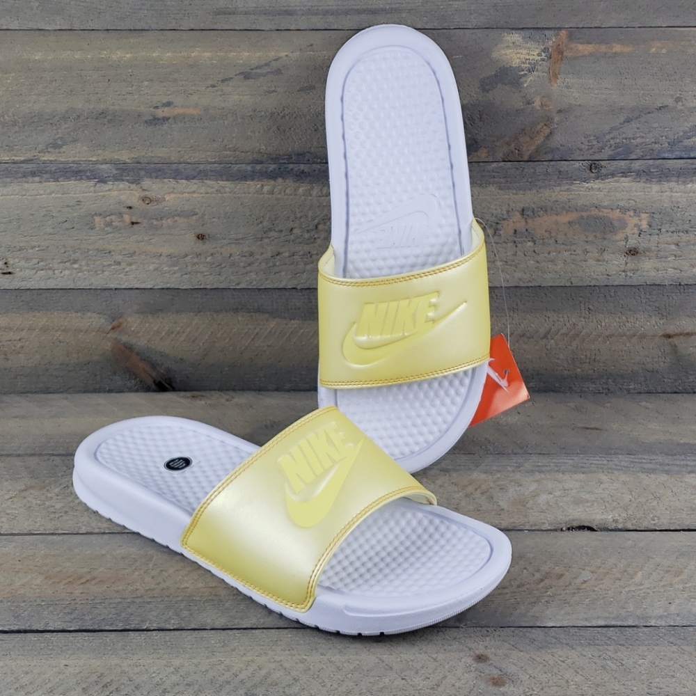 NEW Nike Benassi JDI Slides Sandals Yellow/White - Picture 4 of 8